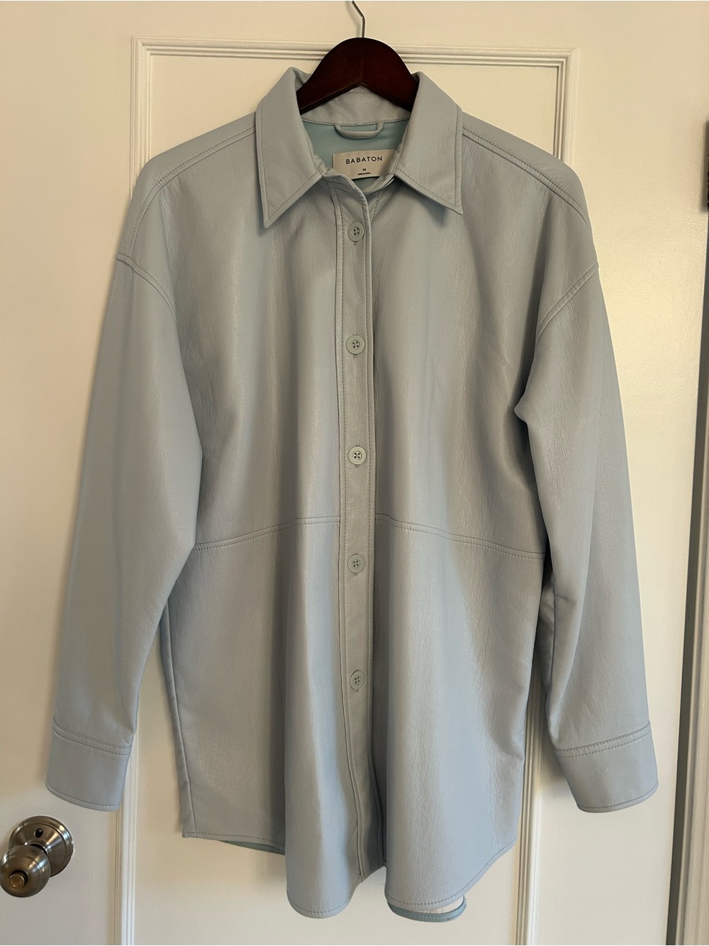 Babaton Pale Blue Leather Shirt Jacket